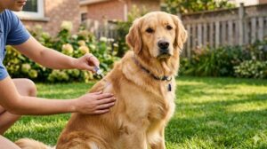 Dog owner checking a golden retriever's coat outdoors as part of a flea and tick prevention routine.