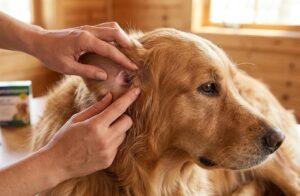 Dog owner gently checking a dog's ear and neck for ticks.