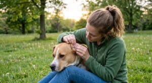 Dog owner examining the skin behind a dog's ear for ticks outdoors.