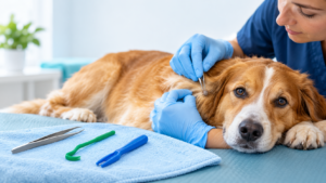 A dog receiving careful tick removal with fine-tipped tweezers while other tick-removal tools rest nearby.