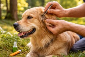 Dog owner inspecting a golden retriever's coat for tiny seed ticks outdoors.