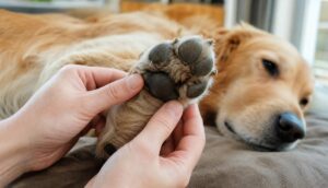 Owner gently inspecting a dog's paw for ticks between the toes.