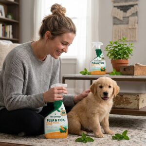 Dog owner lightly spraying a washable dog bed with an indoor flea and tick home spray in a bright living room.