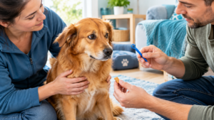 Two owners calmly reassuring a dog while preparing for a tick check at home.